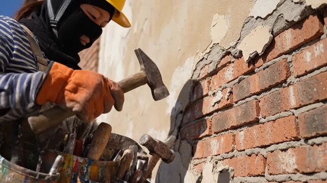 Worker removing plaster from old brick wall with hammer and chisel during renovation project