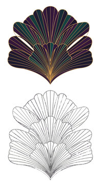 Elegant Gold and Green Scallop Shell Illustration with Matching Black Line Art