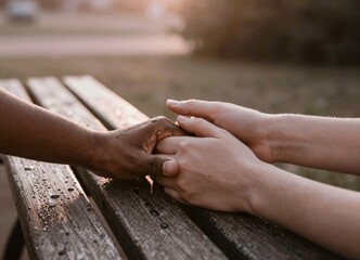 Two hands clasped together over wooden bench at sunset, intimate connection during rainy outdoor moment