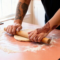 Woman rolling dough with wooden roller on flour-dusted countertop showing intricate henna tattoos