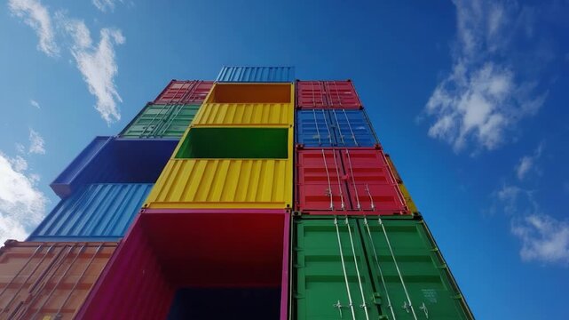 A colorful, stacked structure of repurposed containers reaches into a bright blue sky with wispy clouds