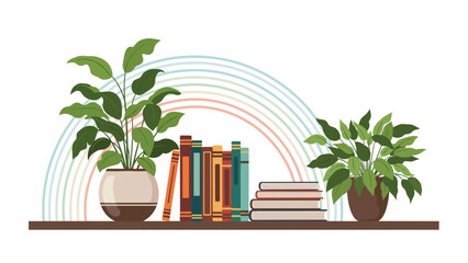 Obraz premium Bookshelf filled with colorful books and flanked by two green plants in pots with a subtle rainbow background decoration.