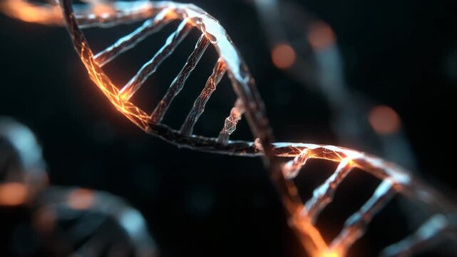 Shimmering Golden D N A Helix Structure Glowing with Molecular Precision Scientific Research Innovation and Genetic Engineering Concept 3 D Animation Closeup
