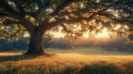 A majestic oak tree dominates a sunlit meadow, bathed in the golden hues of sunrise or sunset