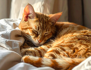 An adorable domestic tabby kitten lying on the gray floor and white bed, a cute feline pet animal portrait showing a sleeping kitty relax in a close up of its fur and eyes