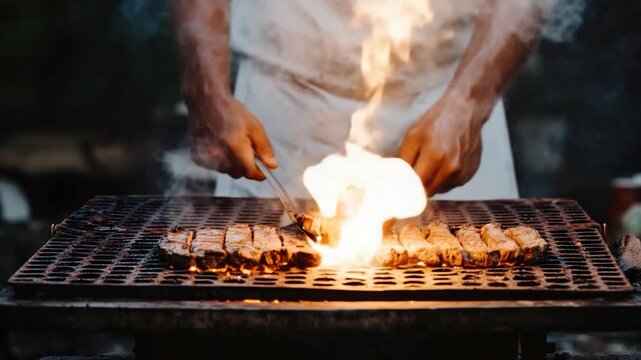 A cook grilling steaks on a fiery barbecue, flames rising, smoke billowing