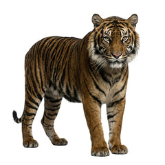 Obraz premium A majestic Sumatran tiger standing calmly on a transparent background.