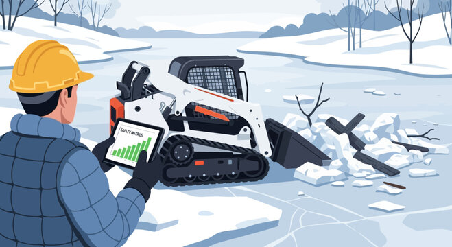 Worker in hard hat operating a skid steer loader on a frozen lake.