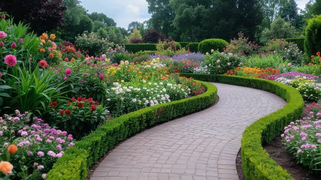 Beautiful garden path winding through colorful flowerbeds, creating a serene and inviting atmosphere.