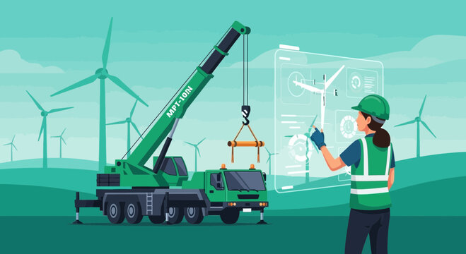 Engineer overseeing crane operation for wind turbine construction.
