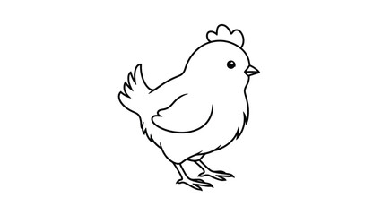 Fototapeta premium Simple black outline drawing of a small baby chick standing sideways featuring a tiny comb and a cute expression for children.