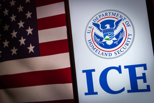 Quito, ECUADOR - Jan 25 2026 : ICE logo and Homeland Security seal, with the American flag in the background.