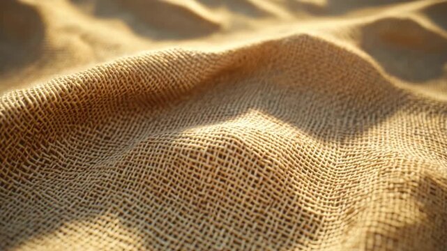 A detailed close-up of textured burlap, showing the weave pattern and undulations. Warm light adds depth