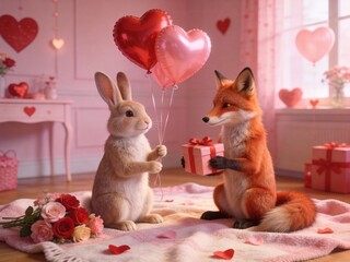 Obraz premium Adorable rabbit and fox holding heart balloons gift box romantic Valentine’s Day scene pink cozy bedroom