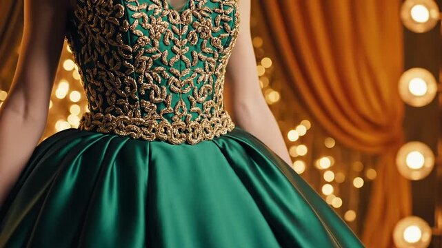 Rich green dress gold embellished bodice festive bokeh background