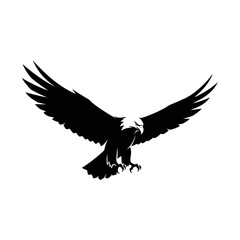 Obraz premium Majestic Eagle Silhouette in Flight, Wings Spread Wide, Fierce Gaze, White Background