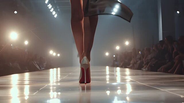 Low angle and side view shots of stylish high heels walking down a fashion runway, glossy floor reflections and smooth camera motion create a premium look.