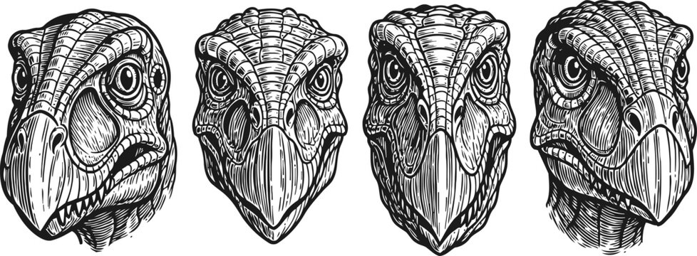 Detailed black and white hand drawn dinosaur heads set, prehistoric reptile skulls with fierce eyes and textured scales
