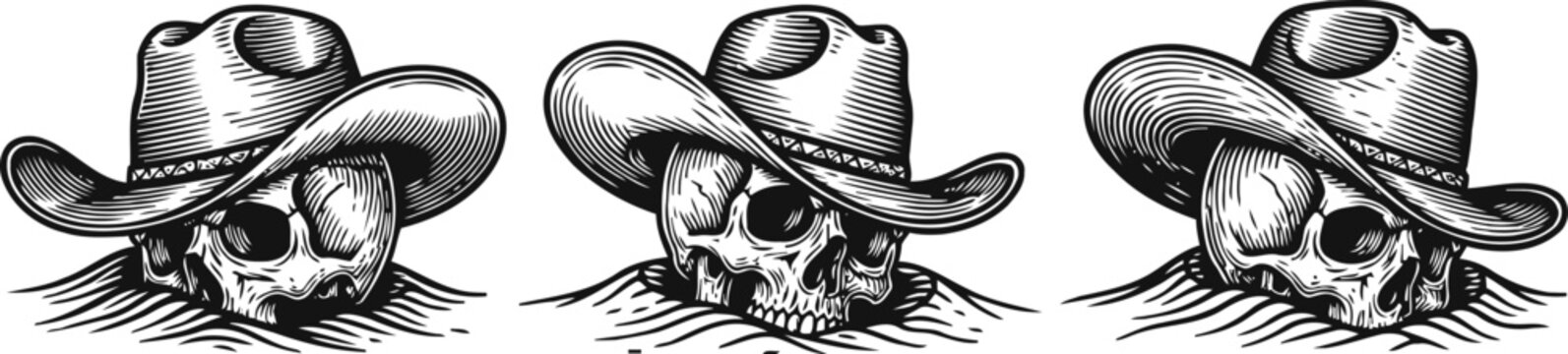 skull wearing cowboy hat illustration western vintage style, wild west symbol, outlaw and rustic design
