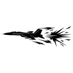 Silhouette of a fighter jet with a fiery explosion effect behind it