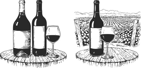 Fototapeta premium wine bottles and glass on wooden table vineyard background with grapes and countryside landscape monochrome sketch illustration