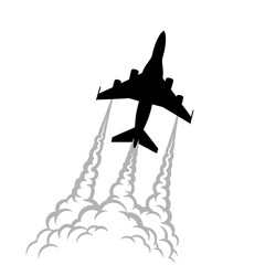 Silhouette of a jet airplane ascending with contrails against a white background