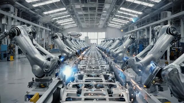 Row of robotic arms welding car frames in a factory setting, with a long perspective