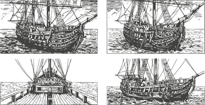old wooden sailing ship vintage hand drawn sketches with masts, ropes and sea view in black ink