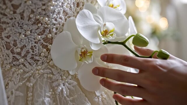 Elegant white orchid with pearl embellished lace fabric detail