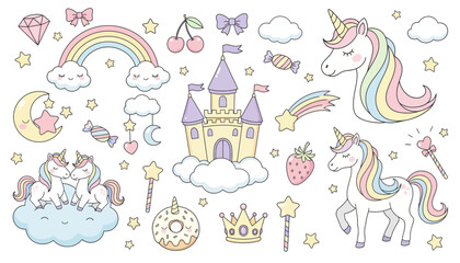 A whimsical scene of unicorns, a castle, and magical objects floats in the air surrounded by clouds and stars.