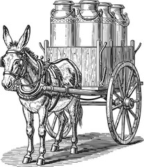 Fototapeta premium Vintage donkey cart carrying metal milk churns for dairy transportation and delivery