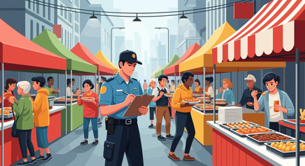 Fototapeta premium Police Officer Inspecting Food Stalls at a Bustling Outdoor Market.