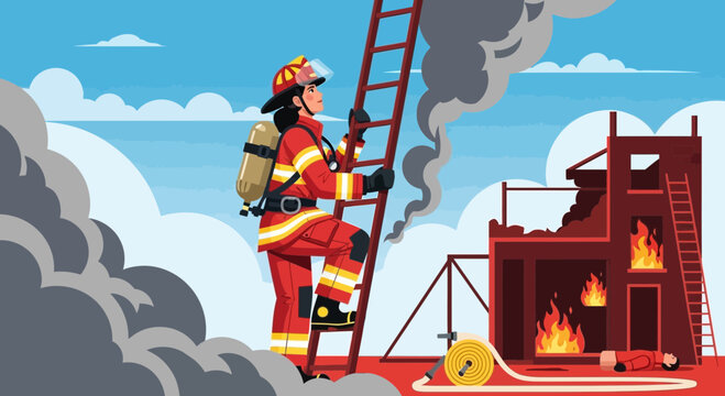 Brave Firefighter Ascending Ladder During Intense Fire Emergency.