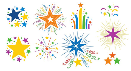 Vibrant starburst illustrations burst with colorful confetti and fireworks