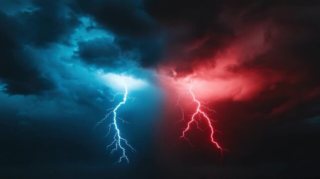 A dramatic sky filled with dark clouds, illuminated by vivid blue and red lightning bolts