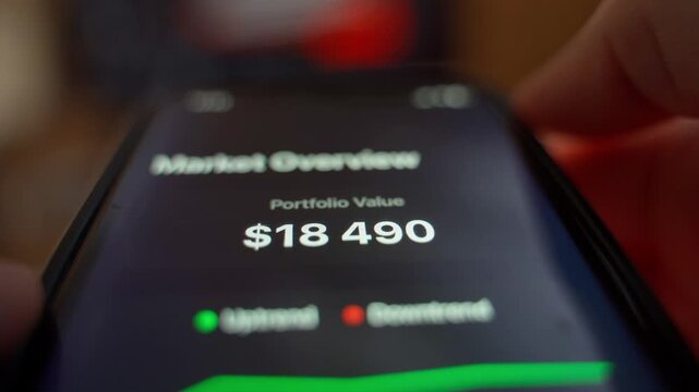 A nervous hand holds a phone with an open mobile application for tracking the value of its asset portfolio, close-up. Stock market fluctuations