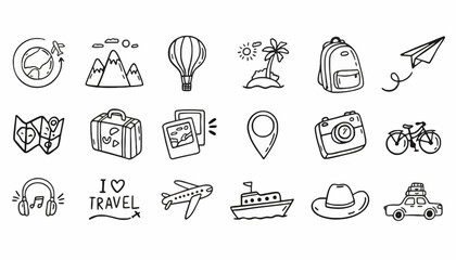 Travel icons including a globe with a plane, various modes of transportation, and a hot air balloon floating above a palm tree, with a backpack and camera.