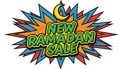 Obraz premium New Ramadan Sale comic explosion banner with crescent moon.