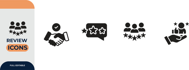 Review icon set. Containing feedback, rating, satisfaction, like icons. Vector illustration.