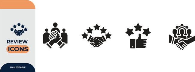Review icon set. Containing feedback, rating, satisfaction, like icons. Vector illustration.
