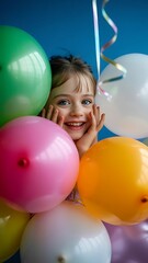 Happy child celebrating with colorful balloons in bright joyful party atmosphere