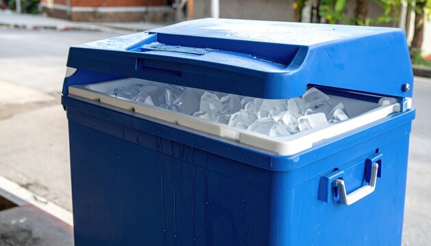 Blue cooler filled with ice cubes on a sunny day.