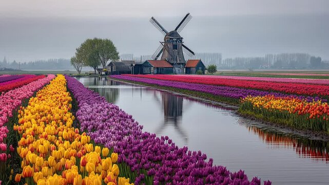 Colorful Tulip Fields and Dutch Windmill Reflections in Spring