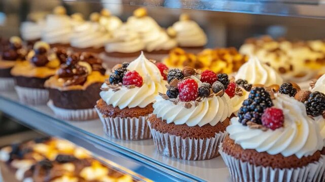A glass display case brimming with an array of cupcakes, frosted and topped with berries and nuts