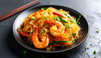 Pad Woon Sen, Thai Glass Noodles Stir Fry with Vegetables and Shrimp on dark background