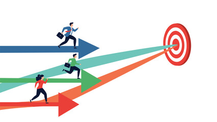 Fototapeta premium Group of professional business people running along colorful arrows pointing towards a bullseye target to achieve success and goals.