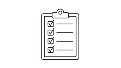 Simple black and white line drawing of a clipboard featuring four items on a checklist with all boxes marked with checkmarks.