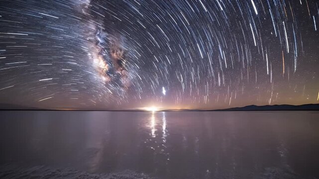 Stunning Night Sky Reflection Over Calm Water with Star Trails.