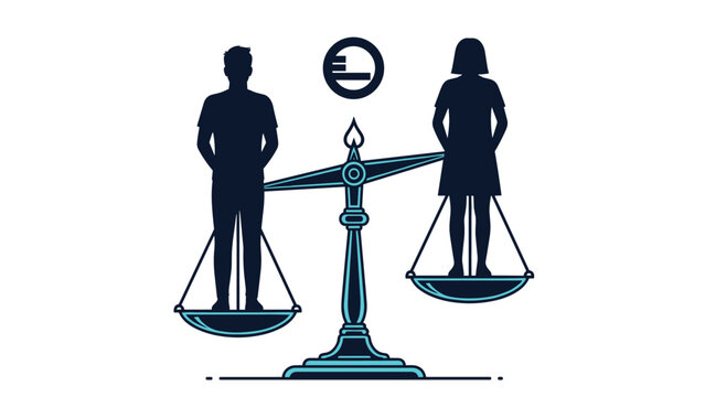 Silhouettes of a male and female figure standing on the pans of a large balanced scale representing gender equality and fairness in society.
