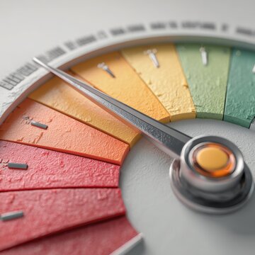 Risk meter with red yellow green scale and metal needle showing level on clean white background zoom